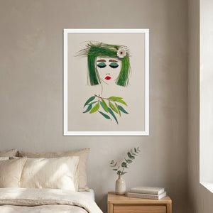 Green Fringe Lady botanical feminine portrait wall art print in a white frame hanging in a bedroom