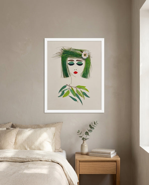 Green Fringe Lady botanical feminine portrait wall art print in a white frame hanging in a bedroom