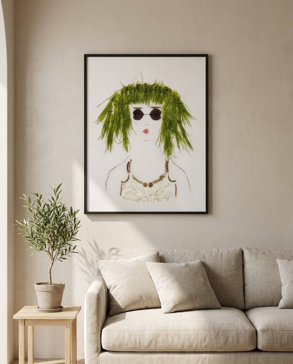 Green Meadow Lady in a black frame above a linen sofa in a calm living room