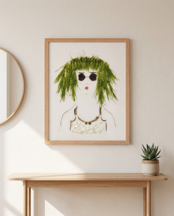 Green Meadow Lady in a red oak frame in a warm entryway with a round mirror