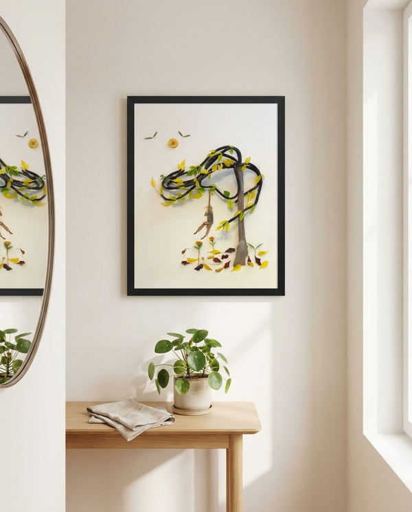 Hanging in Nature in a black frame in a serene entryway with a round mirror