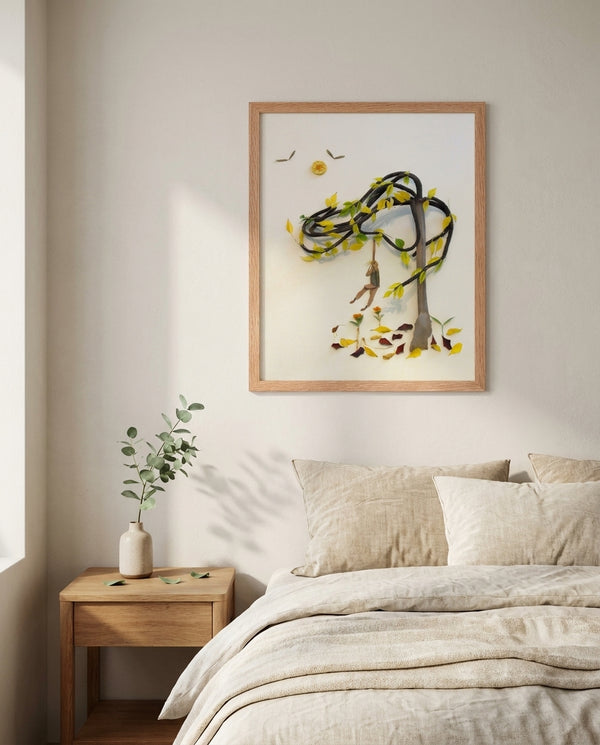 Hanging in Nature in a red oak frame above a bed in a restful bedroom
