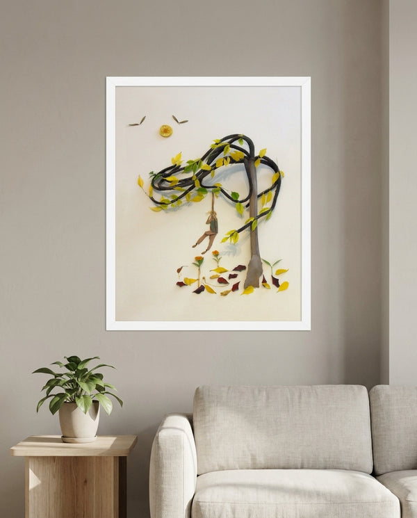Hanging in Nature in a white frame above a linen sofa in a calm living room