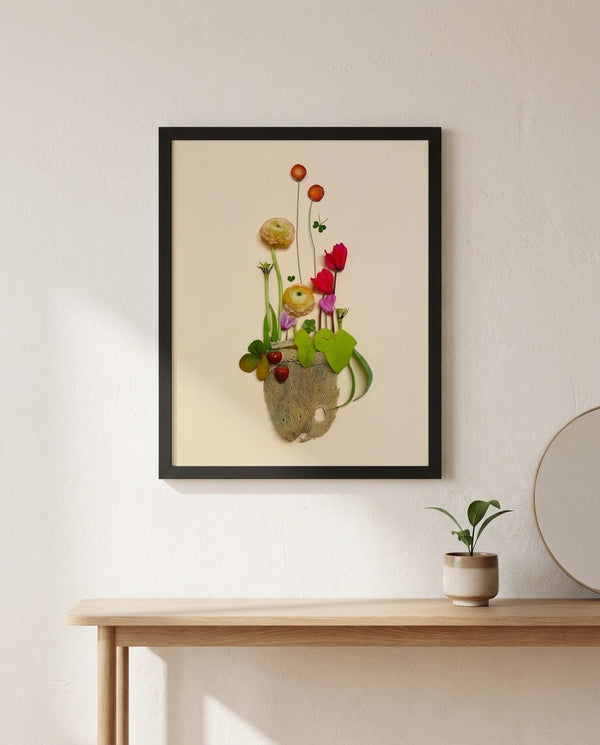 Happy Little Vase whimsical floral still life wall art print in a black frame hanging in an entryway
