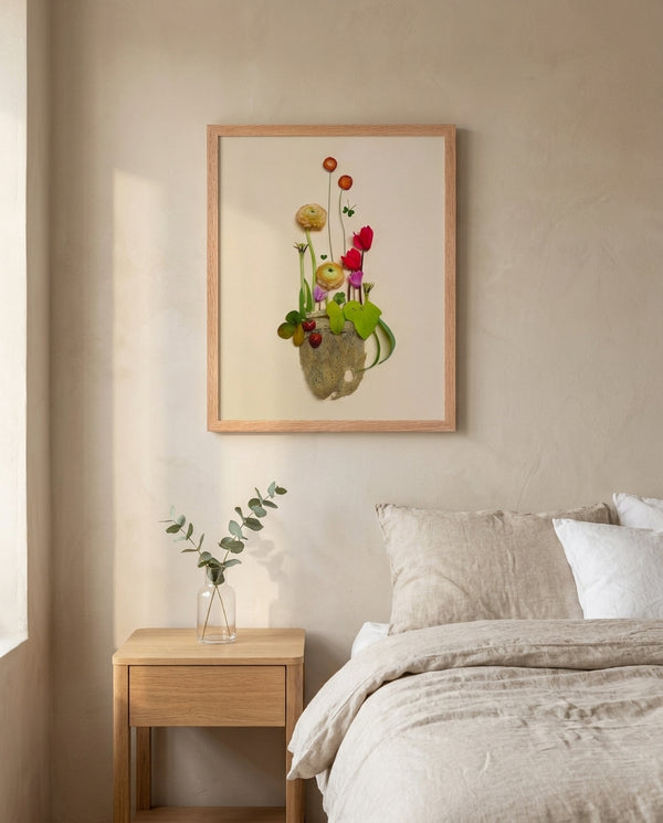 Happy Little Vase whimsical floral still life wall art print in a red oak wood frame hanging in a bedroom