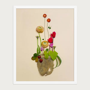 Happy Little Vase whimsical floral still life wall art print by FloraFusion in a white frame, front view