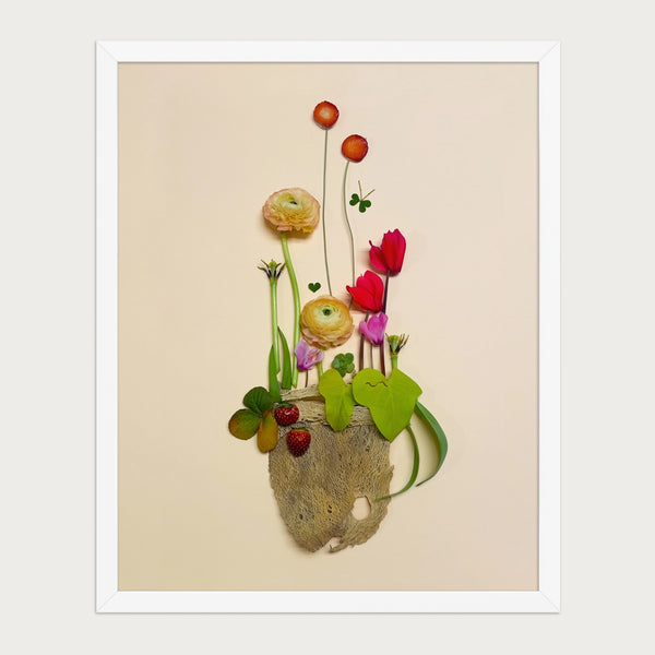Happy Little Vase whimsical floral still life wall art print by FloraFusion in a white frame, front view