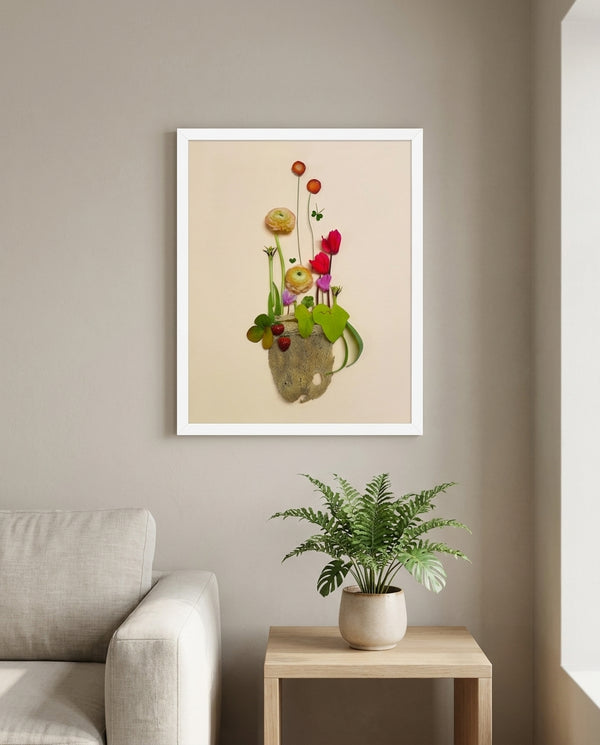 Happy Little Vase whimsical floral still life wall art print in a white frame hanging in a living room
