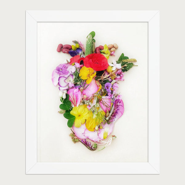 Heart in Bloom botanical wall art print in a white frame, framed front view