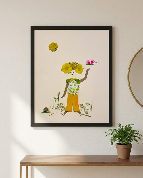 Hello Butterfly whimsical garden child wall art print in a black frame hanging in an entryway