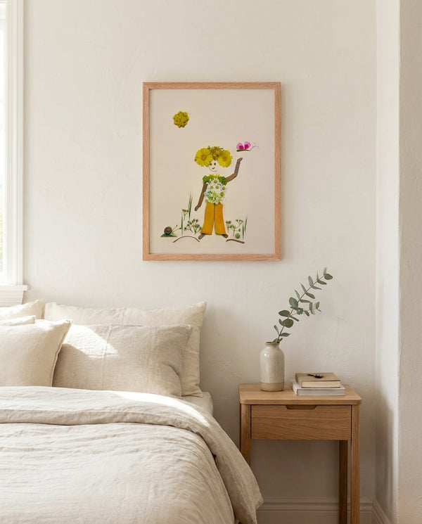 Hello Butterfly whimsical garden child wall art print in a red oak wood frame hanging in a bedroom