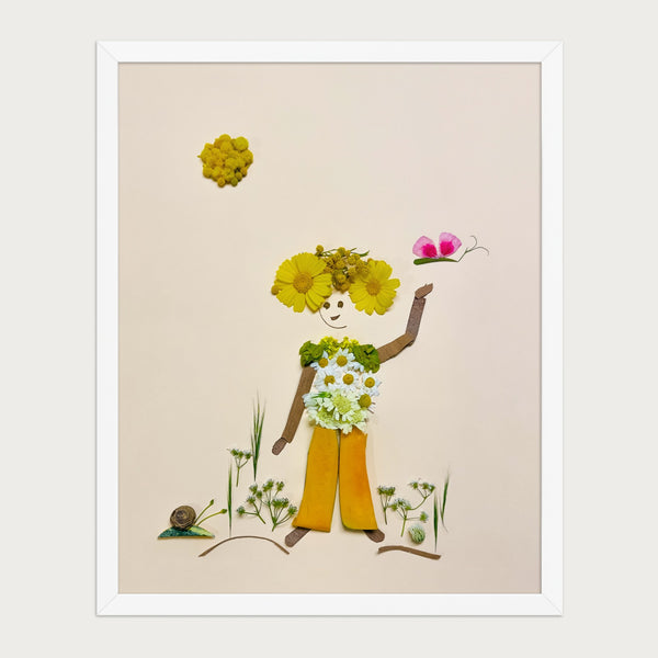 Hello Butterfly whimsical garden child wall art print by FloraFusion in a white frame, front view