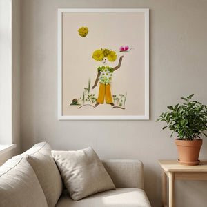 Hello Butterfly whimsical garden child wall art print in a white frame hanging in a living room