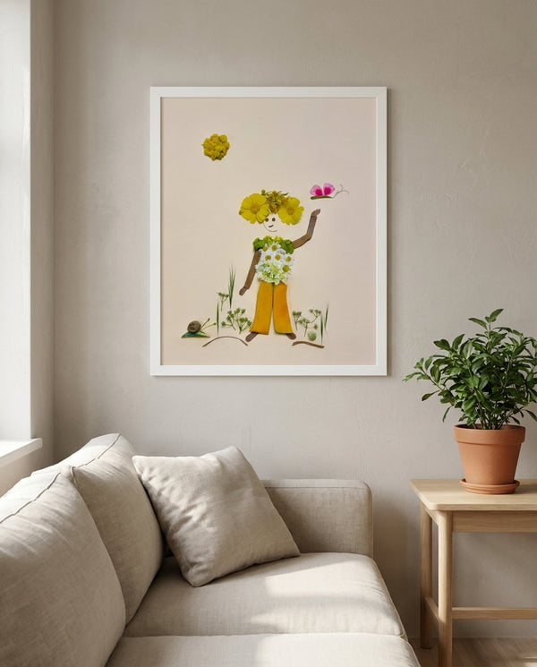 Hello Butterfly whimsical garden child wall art print in a white frame hanging in a living room