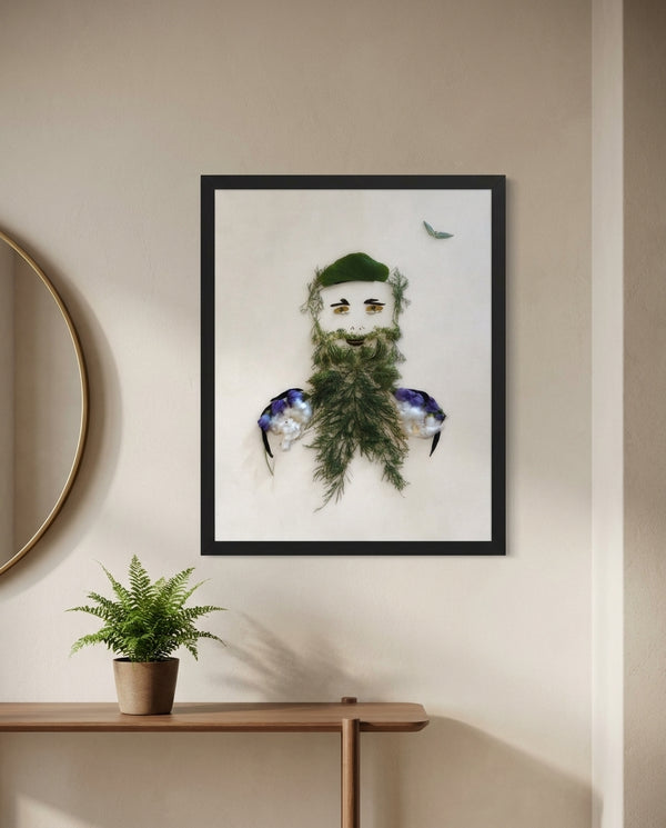 Herbal Gentleman botanical gentleman portrait wall art print in a black frame hanging in an entryway