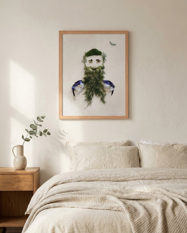 Herbal Gentleman botanical gentleman portrait wall art print in a red oak wood frame hanging in a bedroom