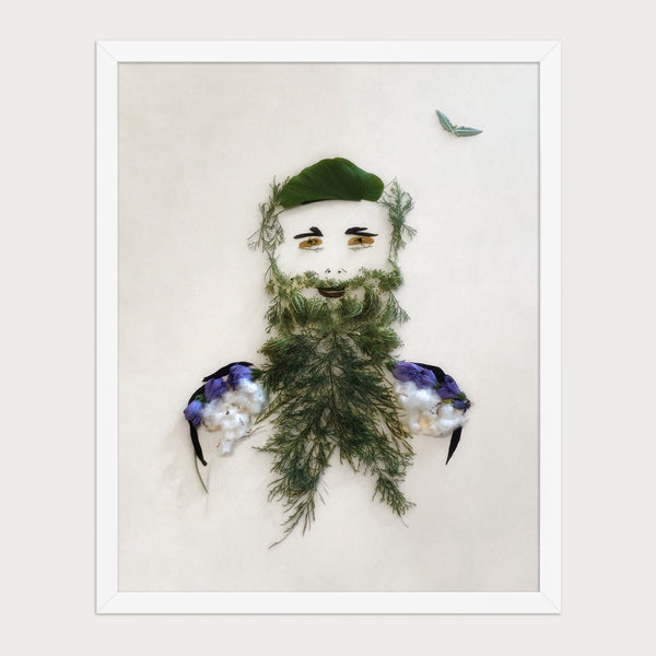Herbal Gentleman botanical gentleman portrait wall art print by FloraFusion in a white frame, front view