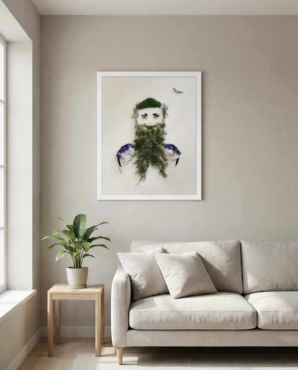 Herbal Gentleman botanical gentleman portrait wall art print in a white frame hanging in a living room