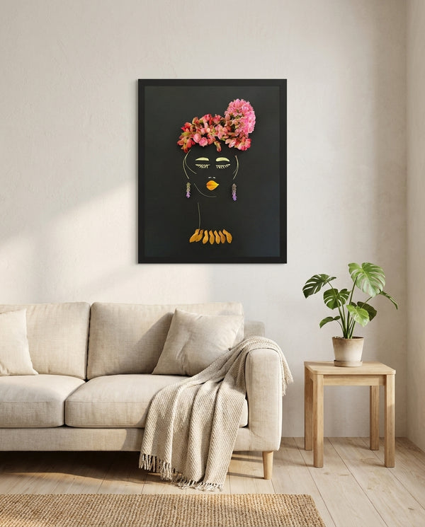 Dombeya Evening botanical feminine wall art print in a black frame hanging in a living room