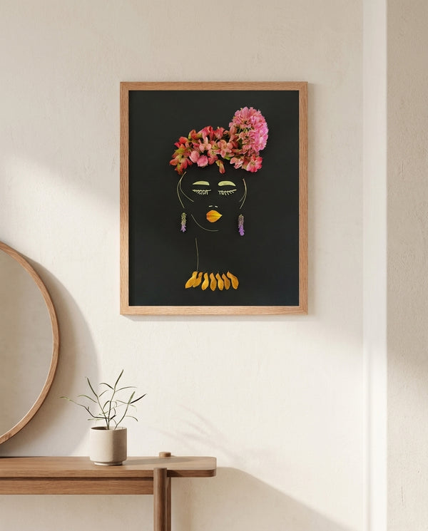 Dombeya Evening botanical feminine wall art print in a red oak wood frame hanging in an entryway