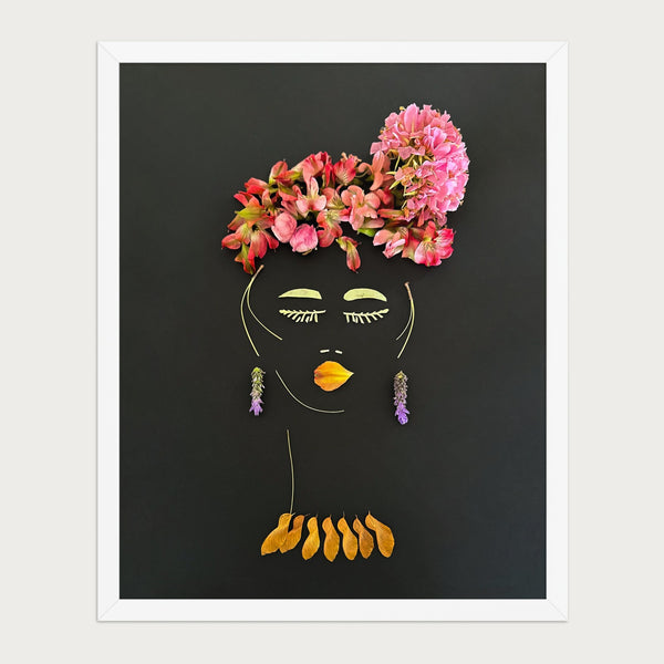 Dombeya Evening botanical feminine wall art print by FloraFusion in a white frame, front view
