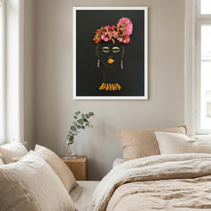 Dombeya Evening botanical feminine wall art print in a white frame hanging in a bedroom