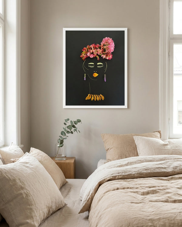 Dombeya Evening botanical feminine wall art print in a white frame hanging in a bedroom