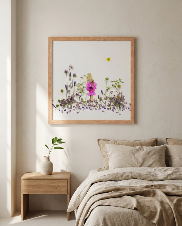 Lavender Little One storybook floral meadow wall art print in a red oak wood frame hanging in a bedroom