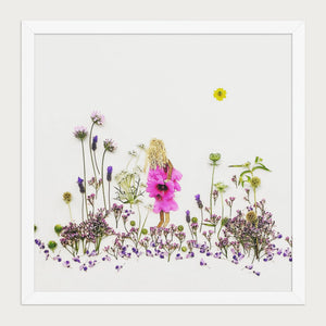 Lavender Little One storybook floral meadow wall art print by FloraFusion in a white frame, front view