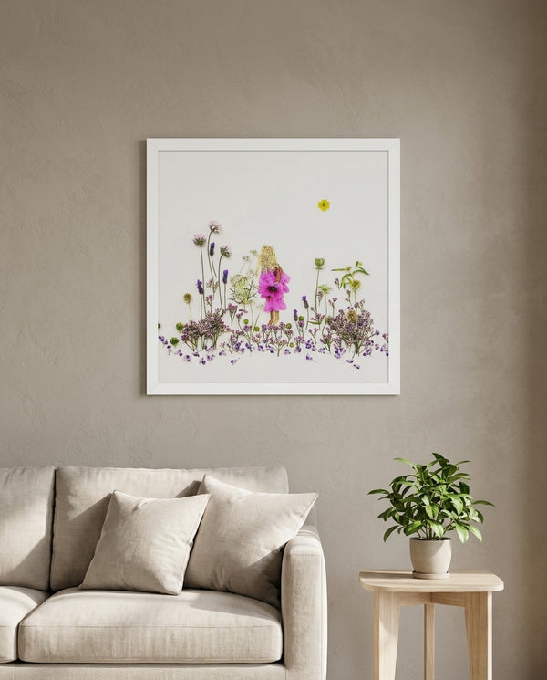 Lavender Little One storybook floral meadow wall art print in a white frame hanging in a living room
