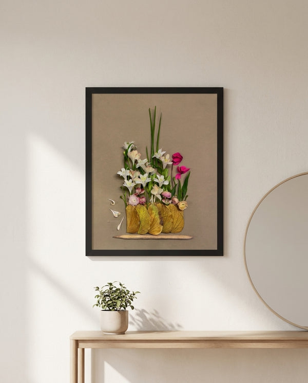 Lily Row botanical lily still life wall art print in a black frame hanging in an entryway