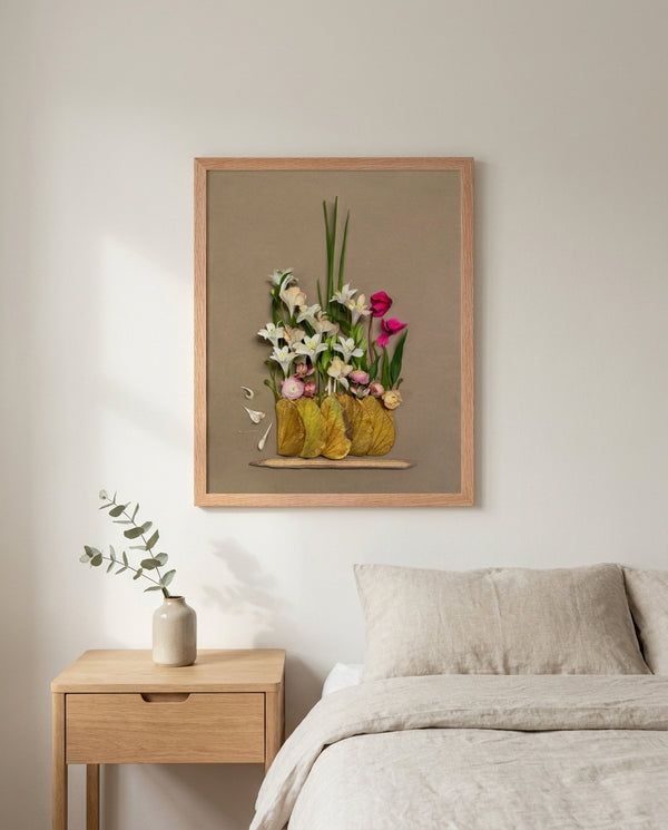 Lily Row botanical lily still life wall art print in a red oak wood frame hanging in a bedroom