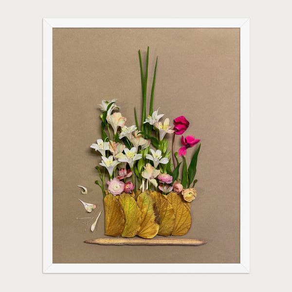 Lily Row botanical lily still life wall art print by FloraFusion in a white frame, front view