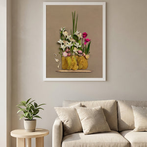 Lily Row botanical lily still life wall art print in a white frame hanging in a living room