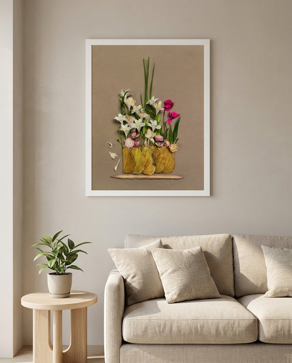 Lily Row botanical lily still life wall art print in a white frame hanging in a living room