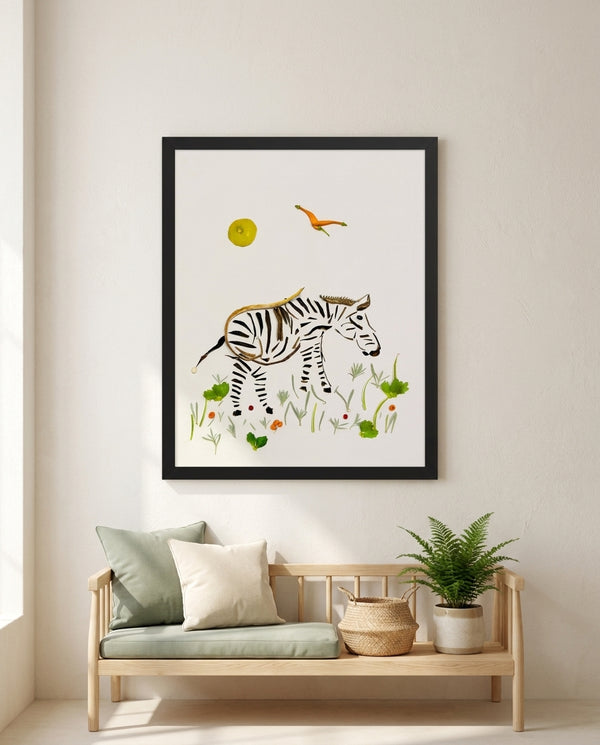 Little Grazing Zebra botanical animal wall art print in a black frame hanging in a kids room
