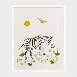 Little Grazing Zebra botanical animal wall art print by FloraFusion in a white frame, front view