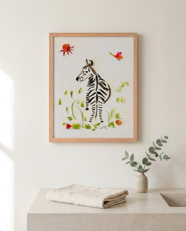 Looking Back Zebra botanical wildlife wall art print in a red oak wood frame hanging in a bathroom
