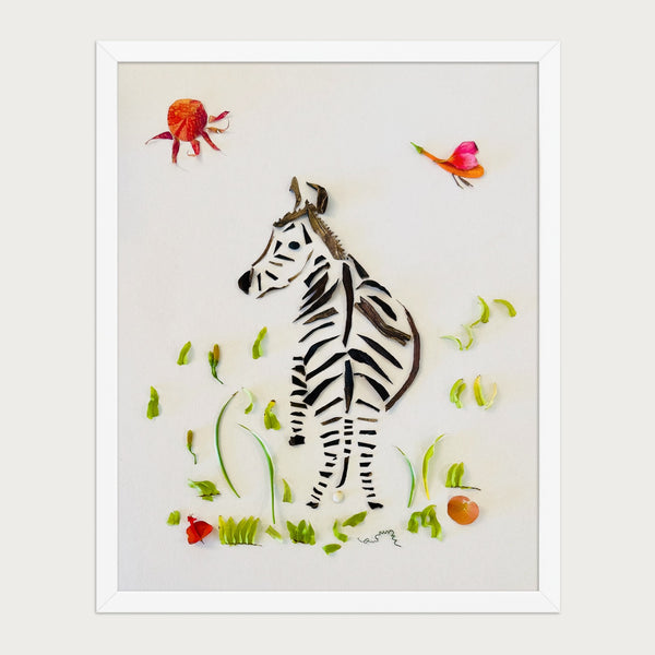 Looking Back Zebra botanical wildlife wall art print by FloraFusion in a white frame, front view