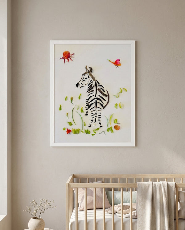 Looking Back Zebra botanical wildlife wall art print in a white frame hanging in a nursery