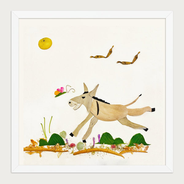 Meadow Donkey botanical wall art in a white frame, front view
