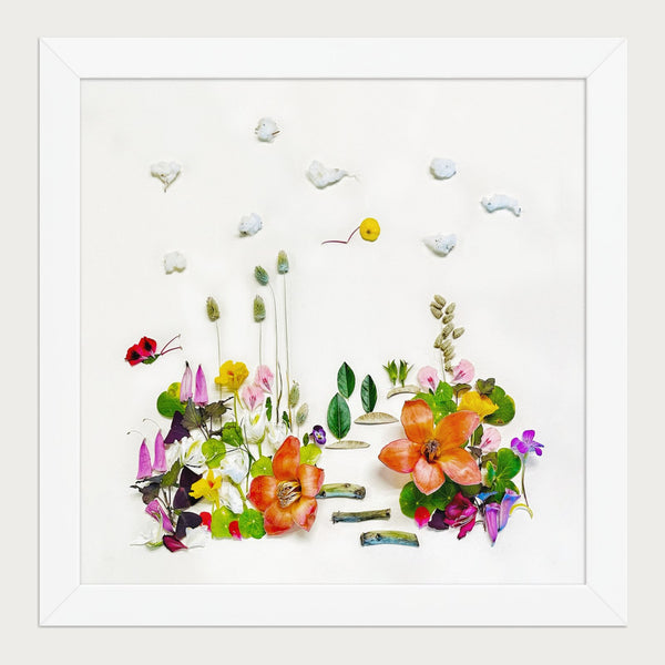 Meadow Garden botanical wall art print in a white frame, framed front view