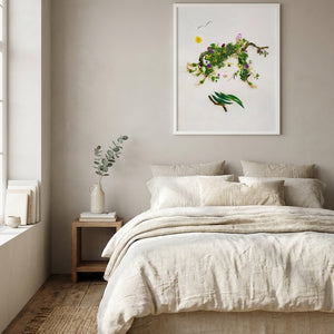 Meadow Muse art in a white frame hung in a serene bedroom