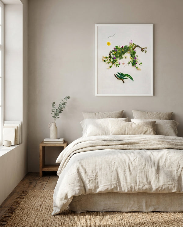 Meadow Muse art in a white frame hung in a serene bedroom