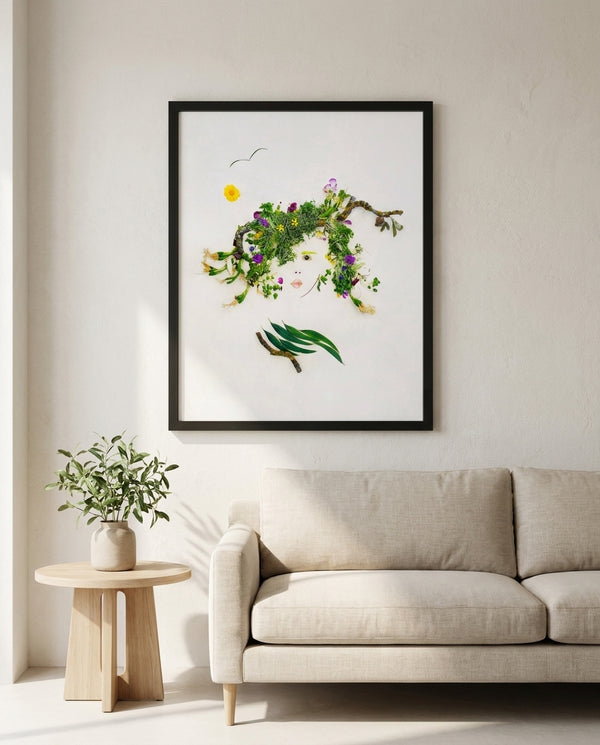 Meadow Muse art in a black frame hung in a living room