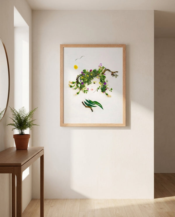 Meadow Muse art in a red oak frame hung in an entryway
