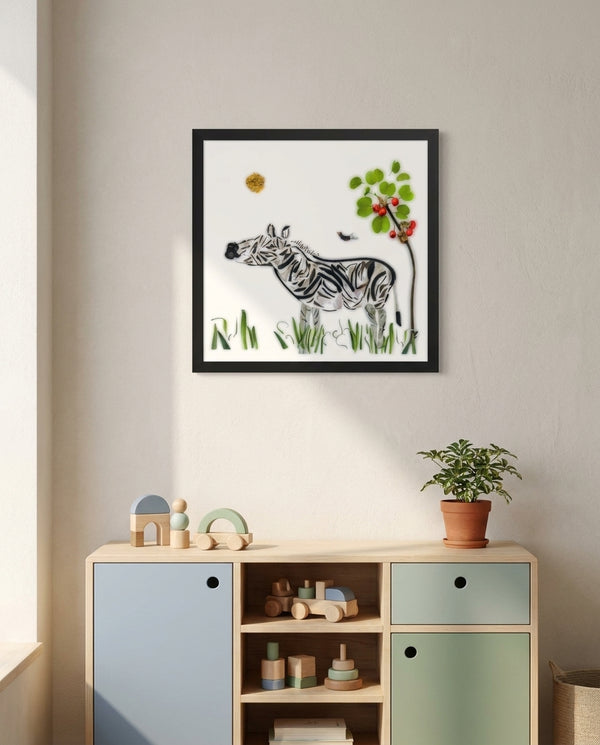 Meadow Zebra print in a black frame hanging in a kids room
