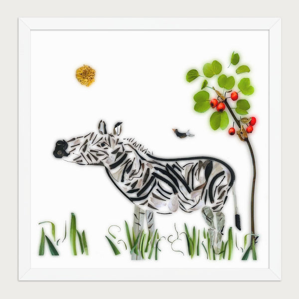 Meadow Zebra botanical animal wall art print in a white frame on a warm cream background