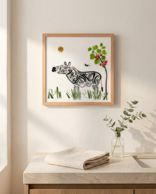 Meadow Zebra print in a red oak wood frame hanging in a bathroom