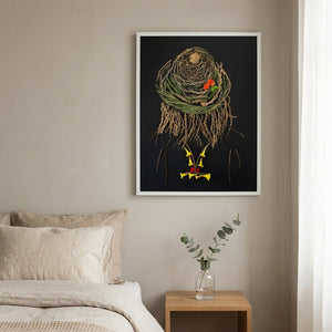 Midnight Garden Lady art in a white frame styled in a bedroom
